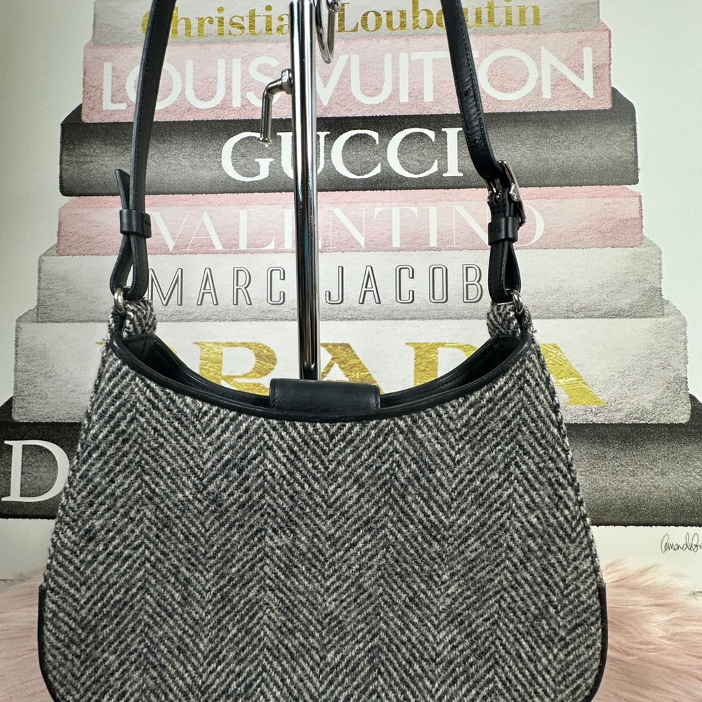 Coach Tweed Girlie Boucle Hobo Shoulder Bag Gray Herringbone Wool Y2K Coquette - Picture 3 of 5